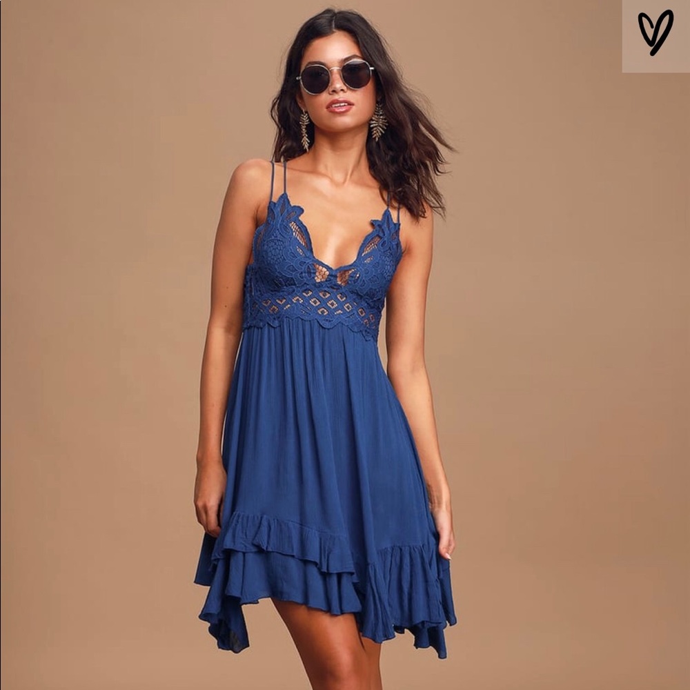 Free People Adella Slip Blue Lace Dress